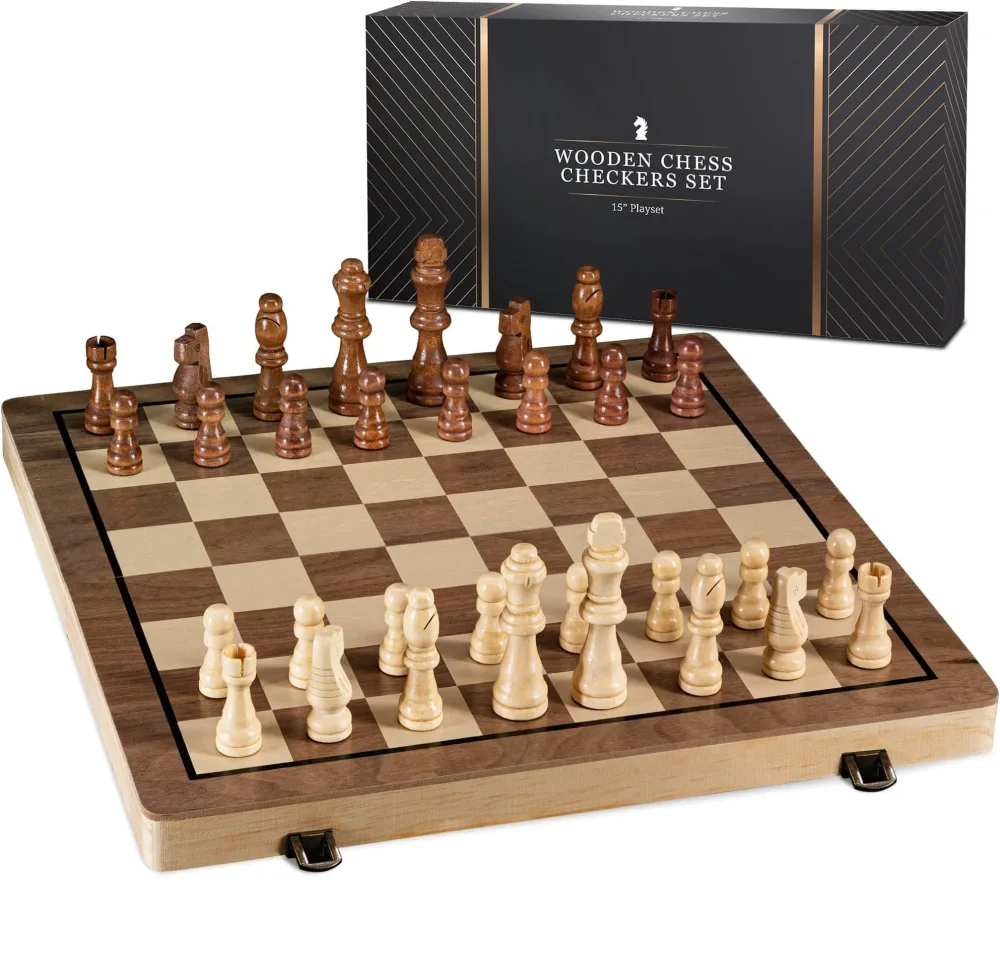 15" Wooden Chess Sets - Board Game with 2 Extra Queens | Wooden Chess Board Set | Chess Sets for Adults & Kids