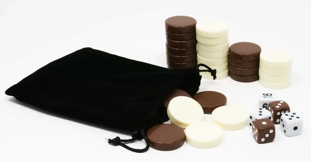 DA VINCI 1.25 Inch Brown and Ivory Game Chips, Replacement Backgammon Pieces with 5 Dice and Cloth Storage Bag