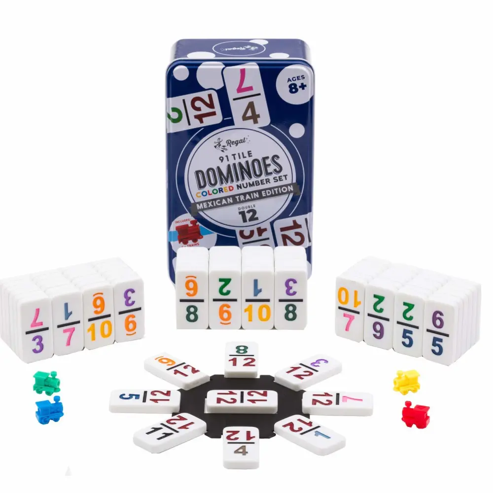 Regal Games Mexican Train Dominoes Set for Adults - Double 12 Dominoes with 91 Numbered Domino Tiles & 4 Trains - 2 or 4 Player Games & Ideal for Family Fun Game Night and Travel