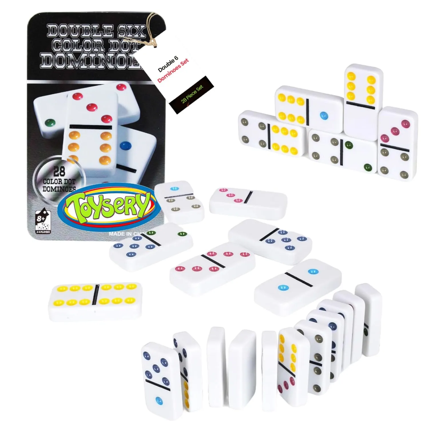 Toysery Double 6 Dominoes Set with Colored Dots. 28 Piece Set White Dominos for Kids with Tin Case. Educational Game Set
