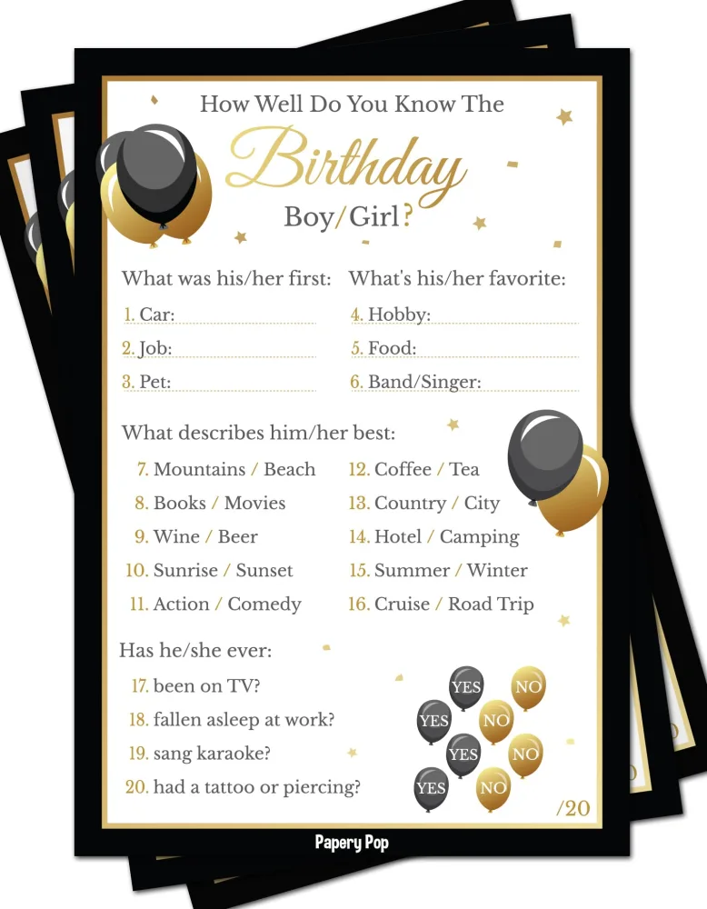 Birthday Games - How Well Do You Know The Birthday Boy or Girl (Pack of 50)