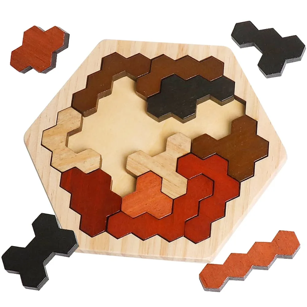 Skrtuan Wooden Hexagon Puzzle for Kids & Adults, Montessori STEM Educational Toy with Colorful Shapes, Logic IQ Brain Teaser Game for All Ages, Geometry Tangram Gift