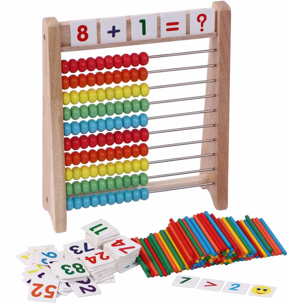 Wooden Abacus for Kids - 100 Counting Sticks and Number Toys Cards 1-100, Educational Math Games for Preschool and Elementary School 1st 2nd Grade