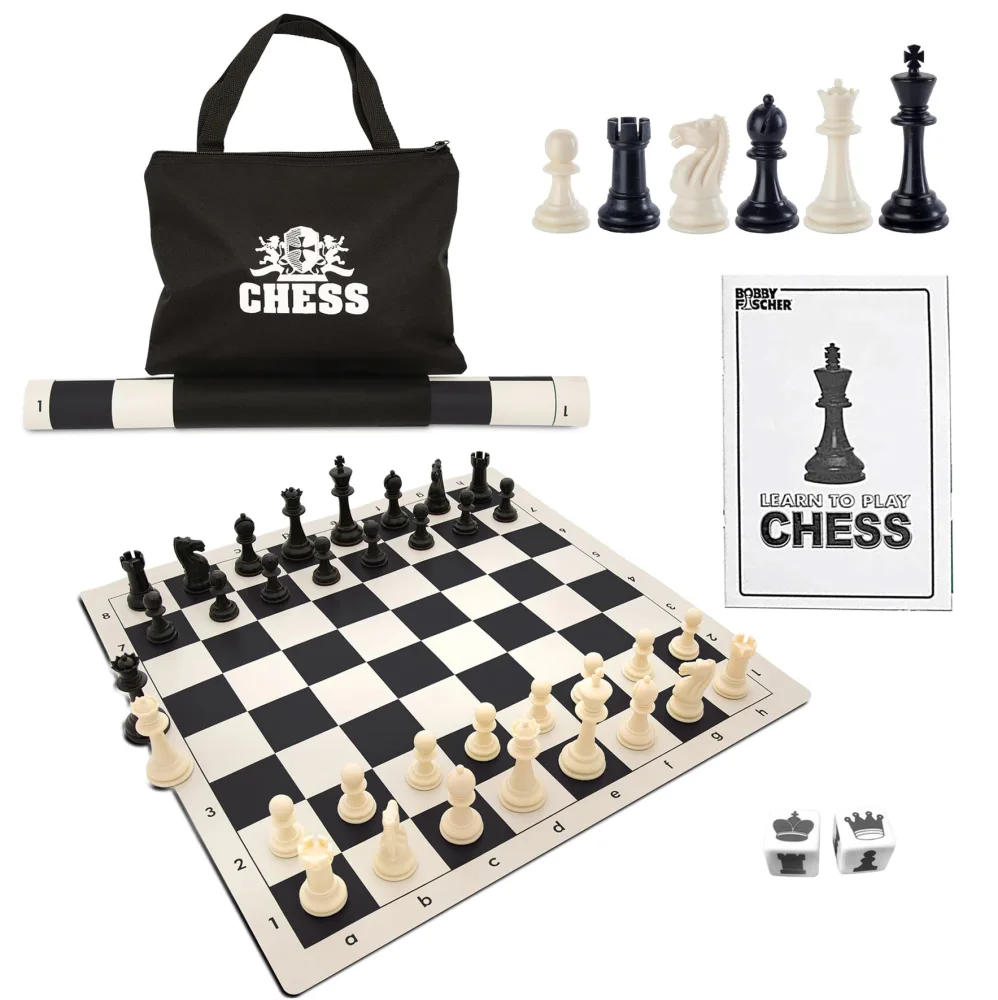 WE Games Best Value Tournament Chess Set - Includes 34 Chess Pieces, Roll Up Vinyl Chess Board, Chess Pieces, Chess Bag and Equalizer Dice, Travel Chess Sets for Adults