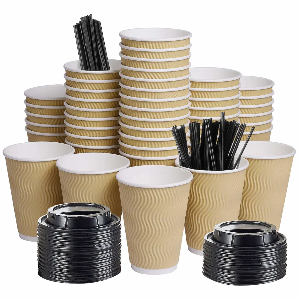 Disposable Paper Coffee Cups with Lids, 100 pack 12 oz Ripple Wall Insulated To Go Coffee Cups for Hot/Cold Beverage, Recyclable Takeaway Drinking Cups for Home Office Cafe Party