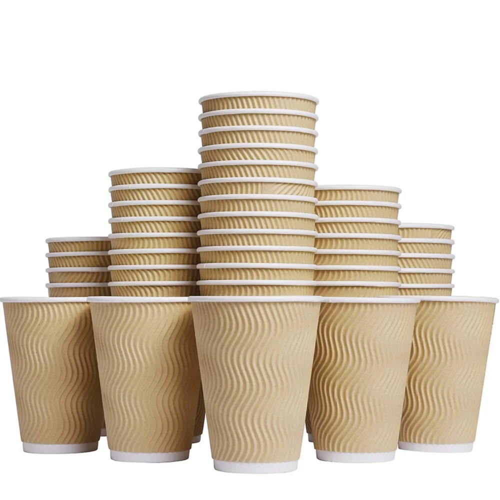 Hot Paper Cups_12 oz Disposable Insulated Corrugated Sleeve Ripple Wall Paper Cup 100 pcs,12oz Cups for Drink，Hot Coffee Cups (Brown)