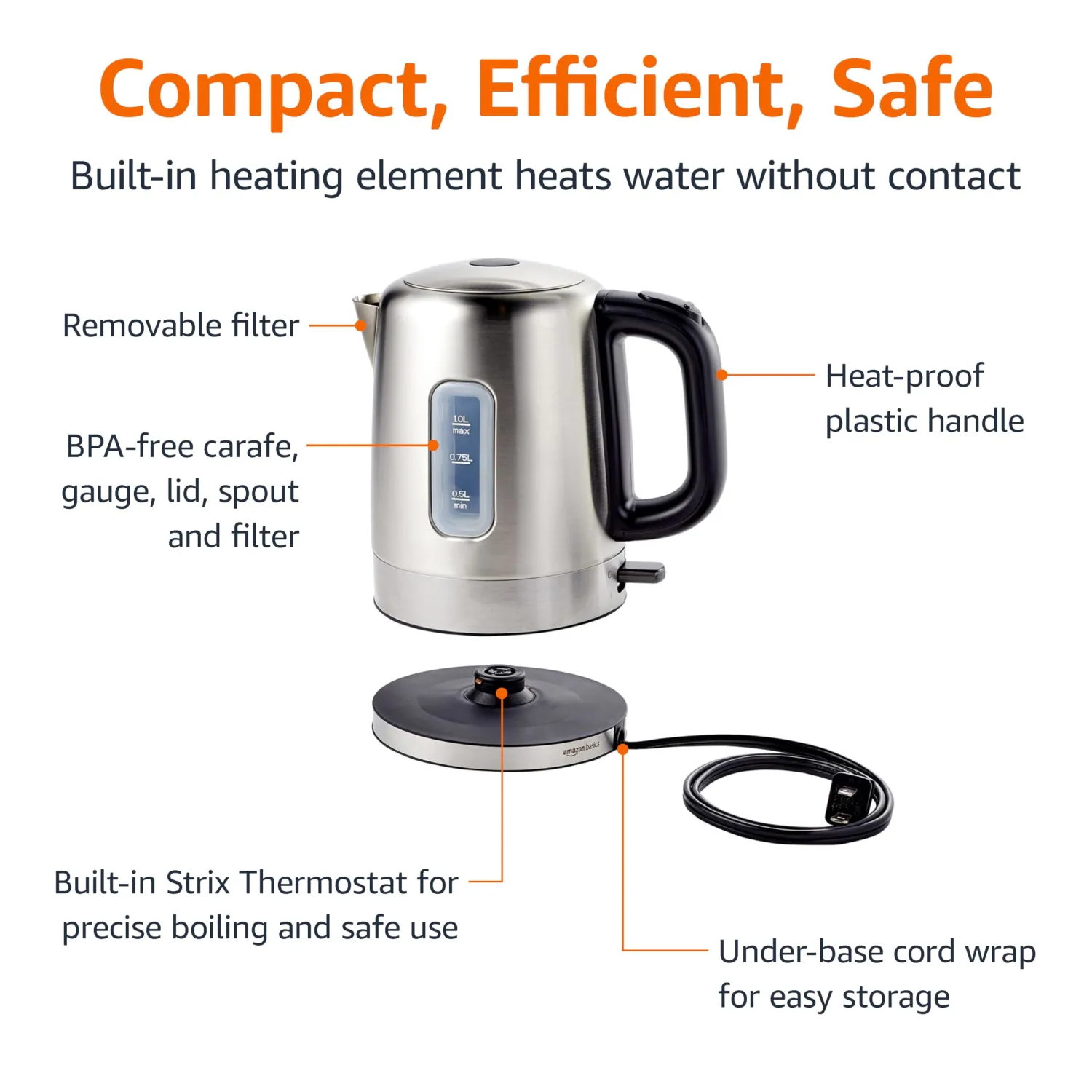 Amazon Basics 1.1-Qt (1.0L) Electric Kettle, Electric Tea Kettle & Water Boiler, With Auto Shut-Off, Boil Dry Protection, High-Safety Strix Thermostat, BPA-Free, 1500W, Stainless Steel, Black & Silver