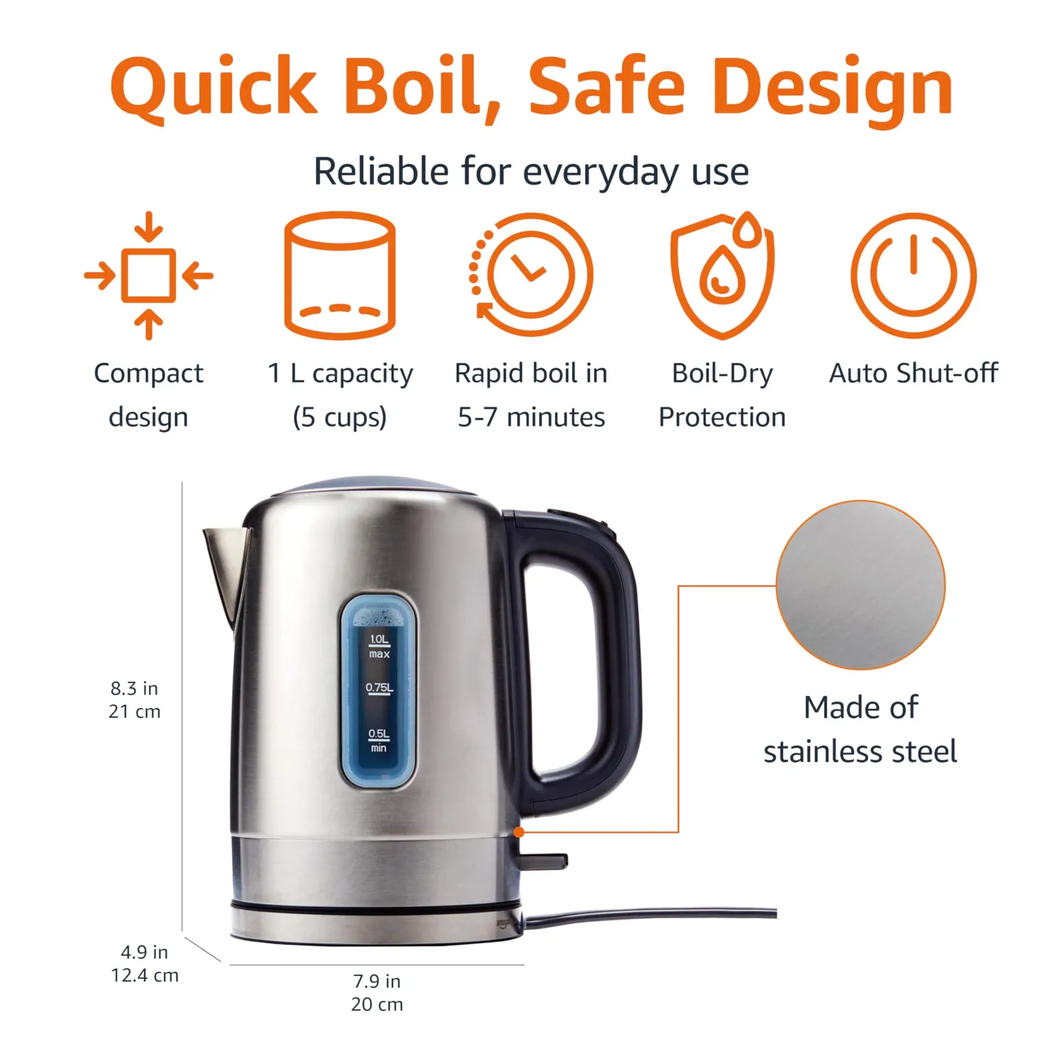 Amazon Basics 1.1-Qt (1.0L) Electric Kettle, Electric Tea Kettle & Water Boiler, With Auto Shut-Off, Boil Dry Protection, High-Safety Strix Thermostat, BPA-Free, 1500W, Stainless Steel, Black & Silver
