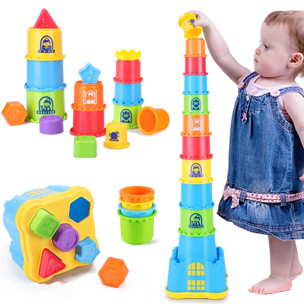 iPlay, iLearn Baby Stacking Toys, Toddler Nesting Stack Cups, Infant Stackable Block, Kids Sorting Game W/Shape Sorter for Sand Bath, Birthday Stocking Stuffer Gift 12 18 Month 1 2 3 Year Old Boy Girl