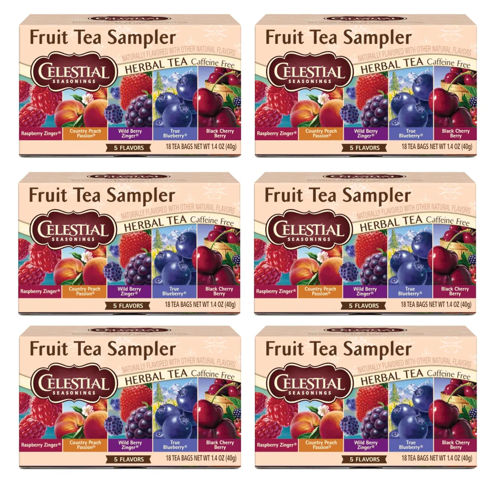 Celestial Seasonings Fruit Tea Sampler Herbal Variety Pack, Caffeine Free, 18 Tea Bags Box, (Pack of 6)