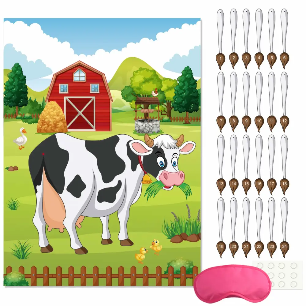 FEPITO Pin The Tail on The Cow Birthday Party Game with 24 Pcs Tails for Decorations, Kids Birthday Party Decorations