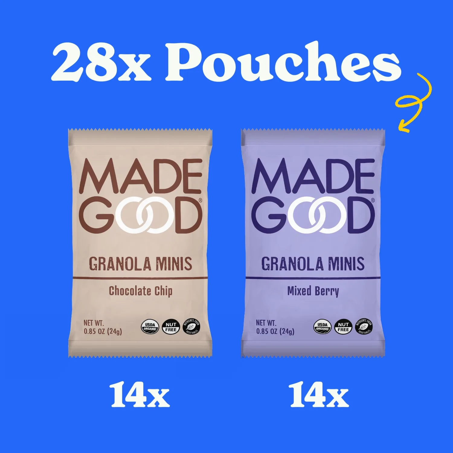MadeGood Granola Minis Chocolate Chip & Mixed Berry Variety Pack (28 Count) Gluten Free and Organic Snacks