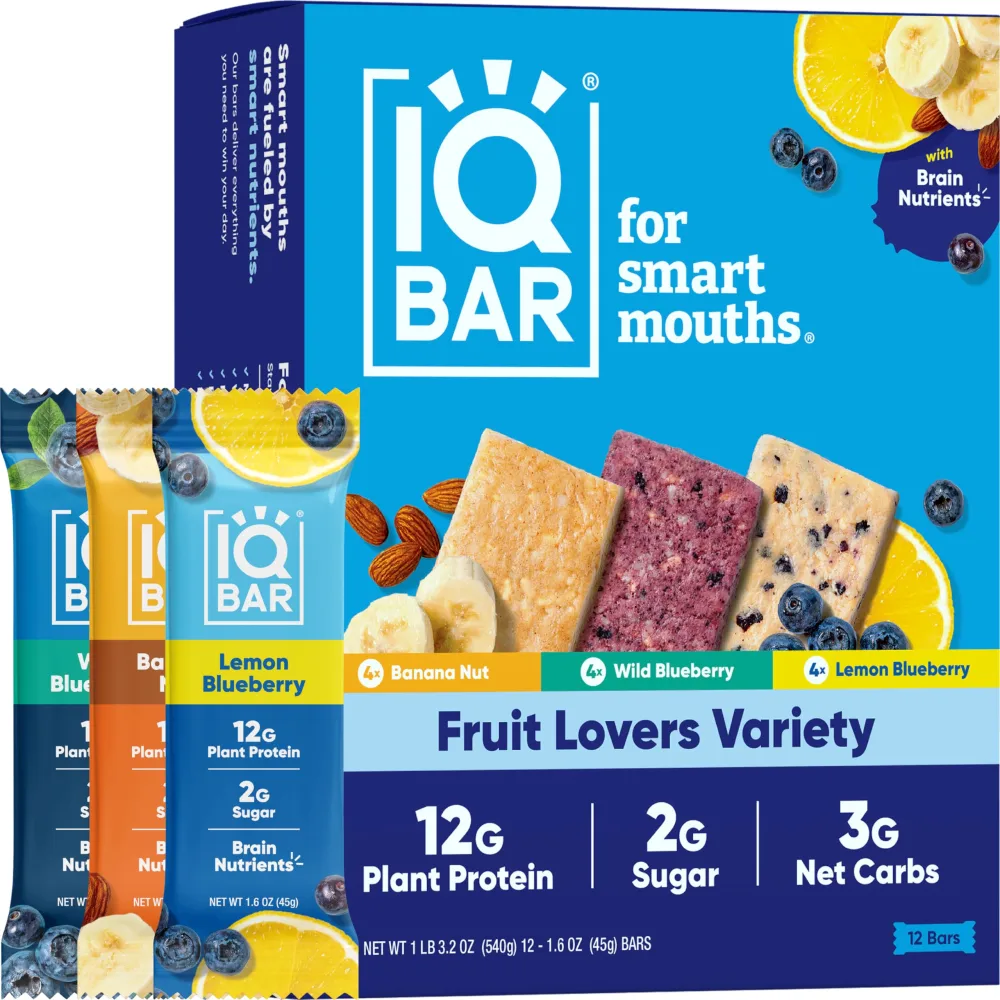 IQBAR Brain and Body Plant Protein Bars - Fruit Lovers Variety - 12-Count Low Carb - Gluten Free, High Fiber, Vegan Snacks - Low Sugar Meal Replacement