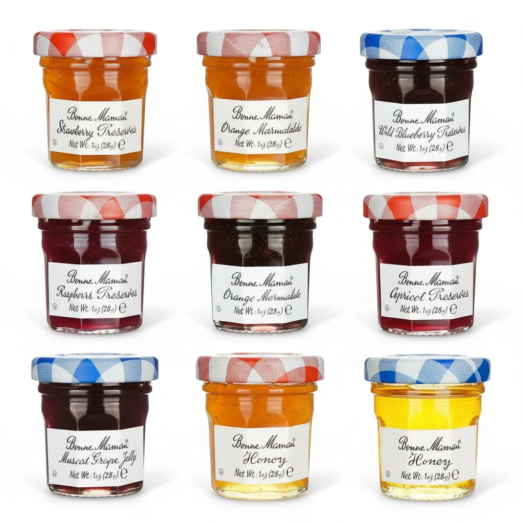 Bonne Maman Assorted Preserves - Strawberry, Apricot, Raspberry, Orange, Cherry, Honey, Grape, Blueberry - 8 jars x 1 oz