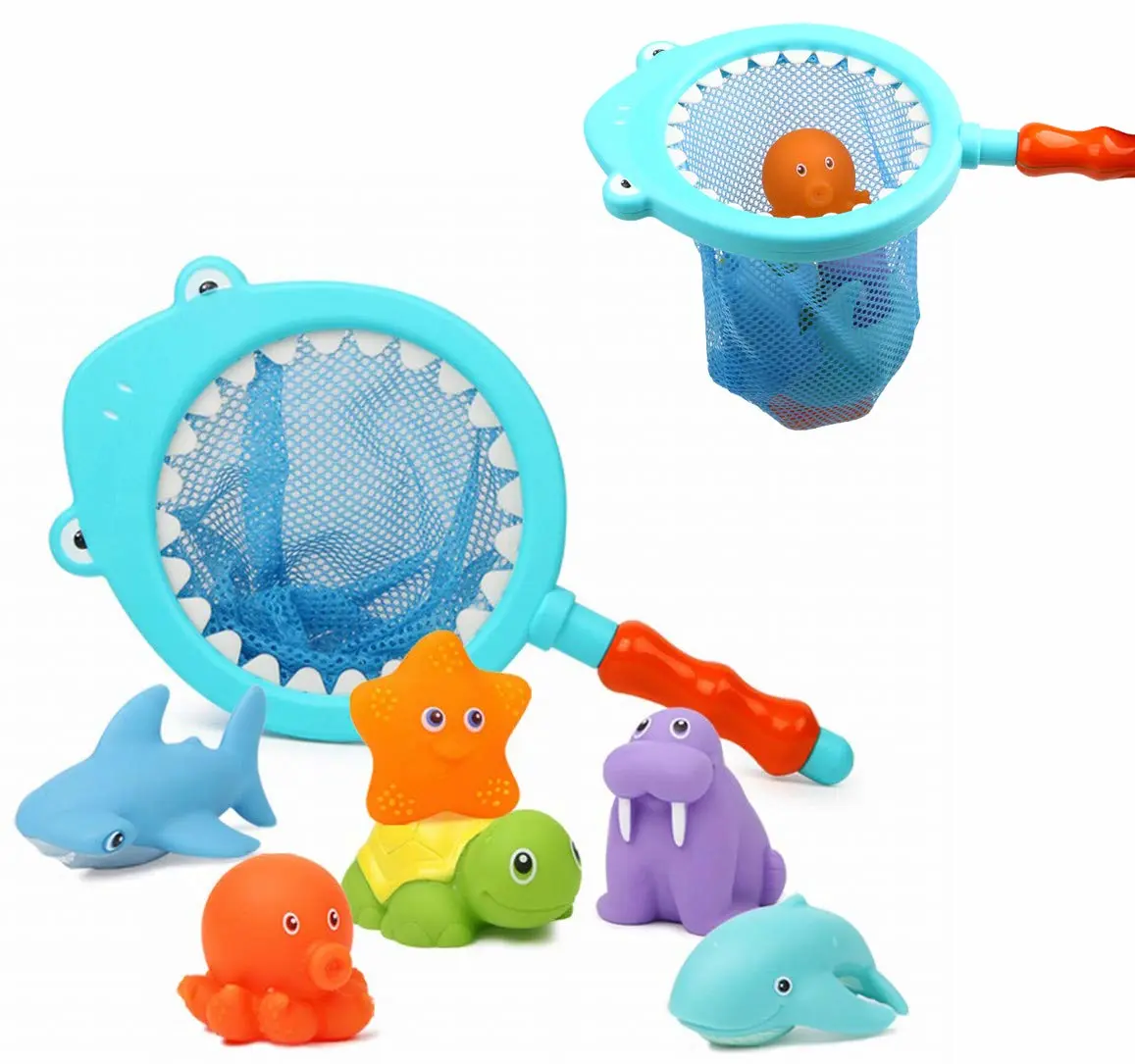 Bath Toy , Fishing Floating Animals Squirts Toys Games Playing Set with Fishing net , Fish Net Game in Bathtub Bathroom Pool for Babies Toddlers and Kids (Blue)