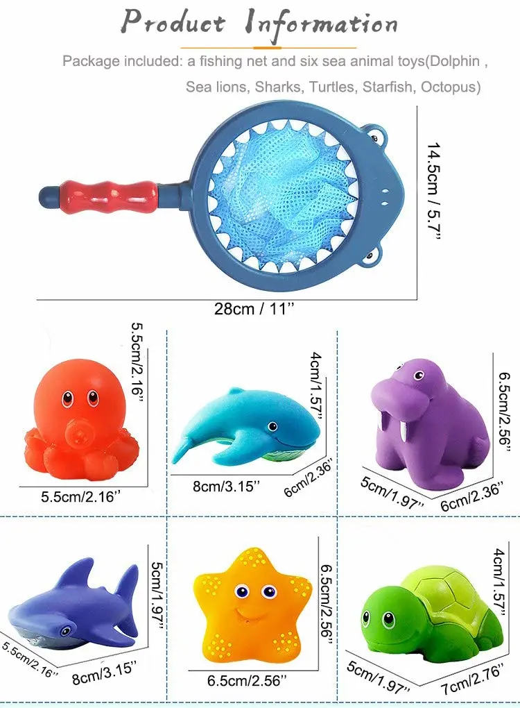 Bath Toy , Fishing Floating Animals Squirts Toys Games Playing Set with Fishing net , Fish Net Game in Bathtub Bathroom Pool for Babies Toddlers and Kids (Blue)