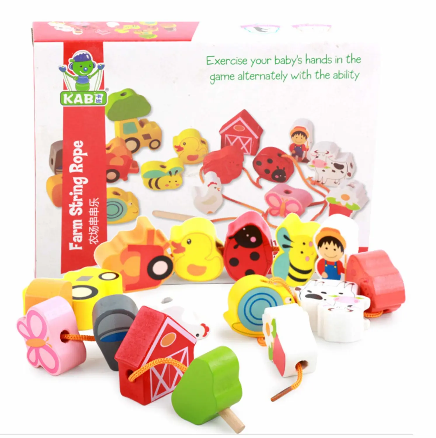Lacing Farm Toy Wooden Block Set, Early Educational Toys String & Lacing Beads Games for Toddlers Kids Farm Animal Learning Play Set (16 Pieces)