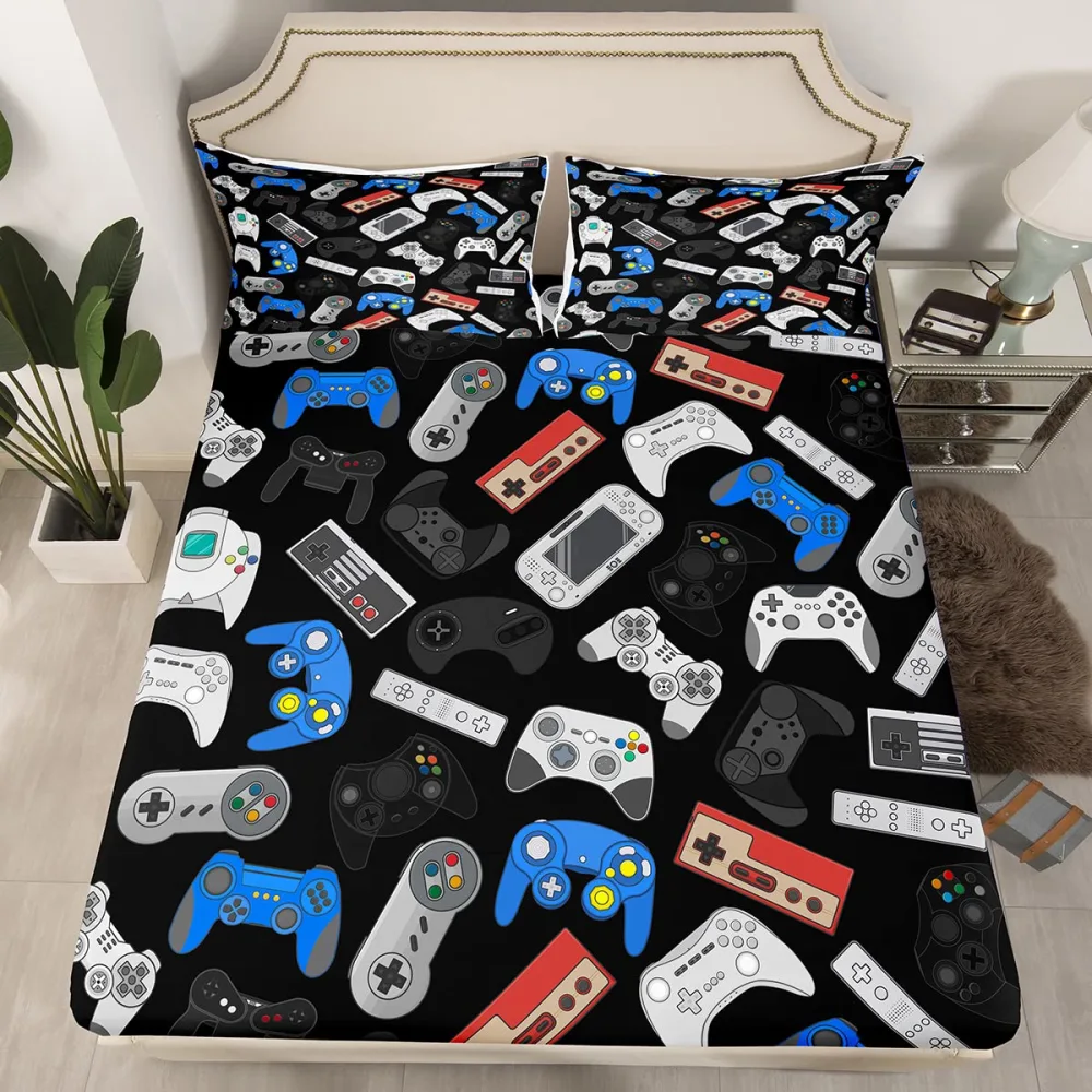 Teens Gamepad Fitted Sheet Modern Gamer Fitted Bed Sheet Full Size for Kid Boy Children Video Game Bedding Set Player Gaming 3 Piece Bedding Decor Set Breathable Decorative Room(No Flat/Top Sheet)