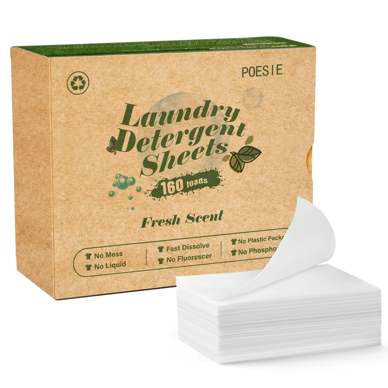 Poesie Laundry Detergent Sheets Fresh Scent 160 Count Clear Non-Plastic Hypoallergenic Liquid Less Sheets for Home Dorm Travel Camping & Hand Washing Clean No Waste