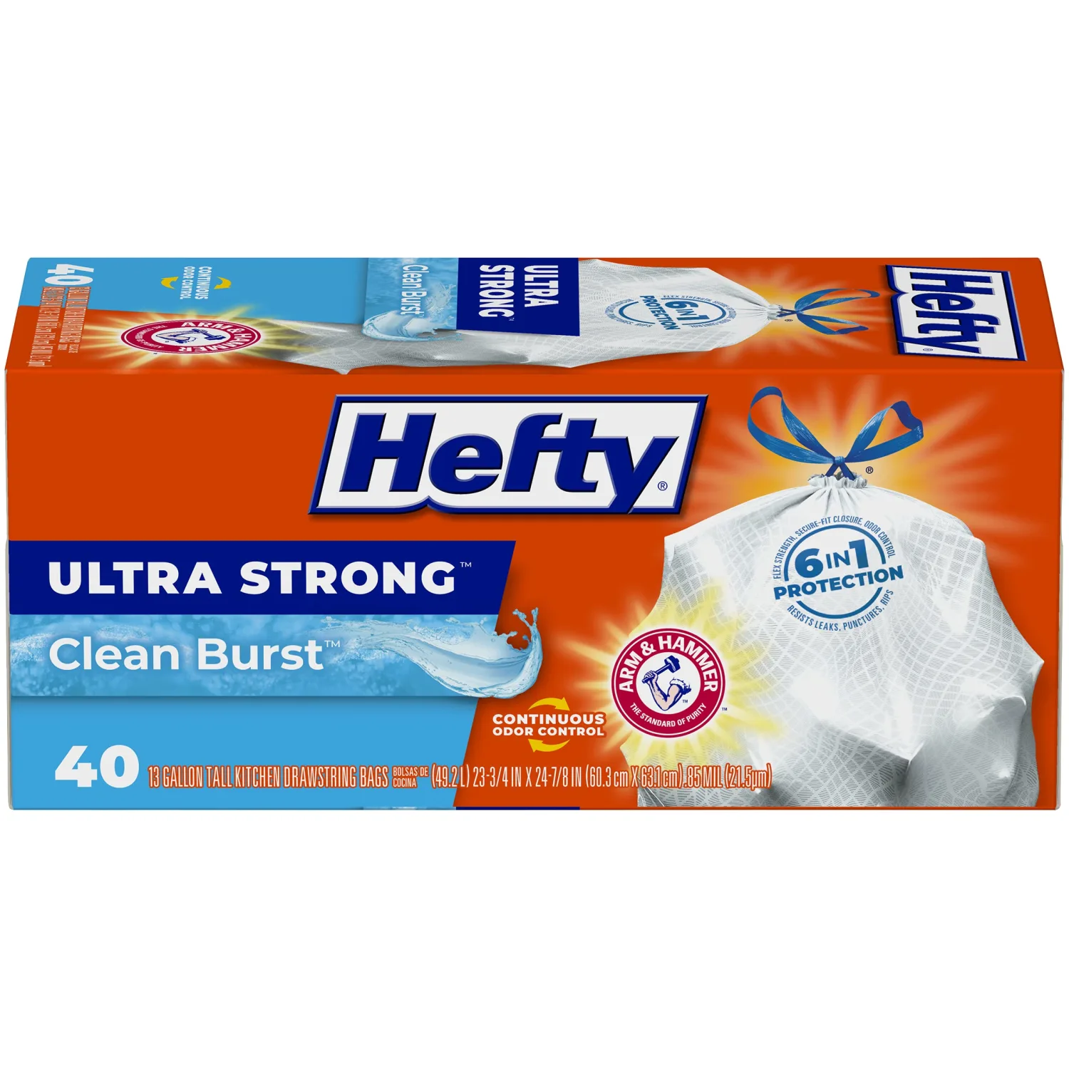 Hefty Ultra Strong Tall Kitchen Trash Bags, Clean Burst Scent, 13 Gallon, 40 Count