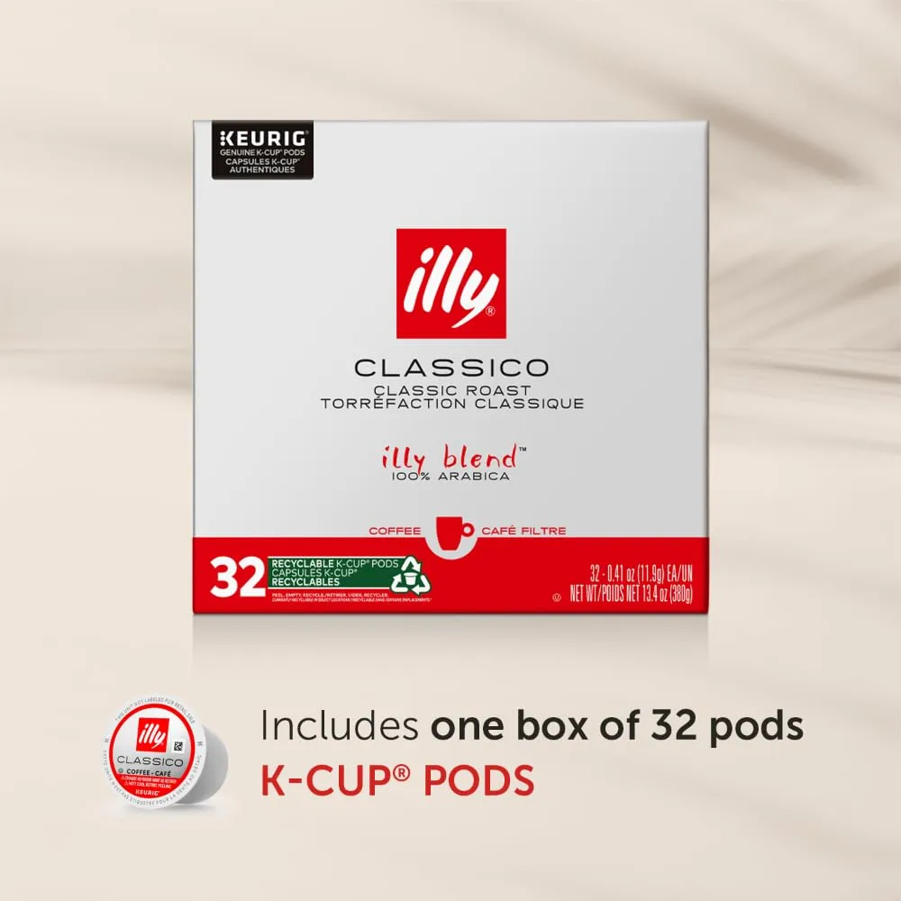 Illy Coffee K Cups - Coffee Pods For Keurig Coffee Maker – Classico Roast - Caramel, Orange Blossom & Jasmine - Mild, Flavorful & Balanced Flavor Pods of Coffee - No Preservatives – 32 Count