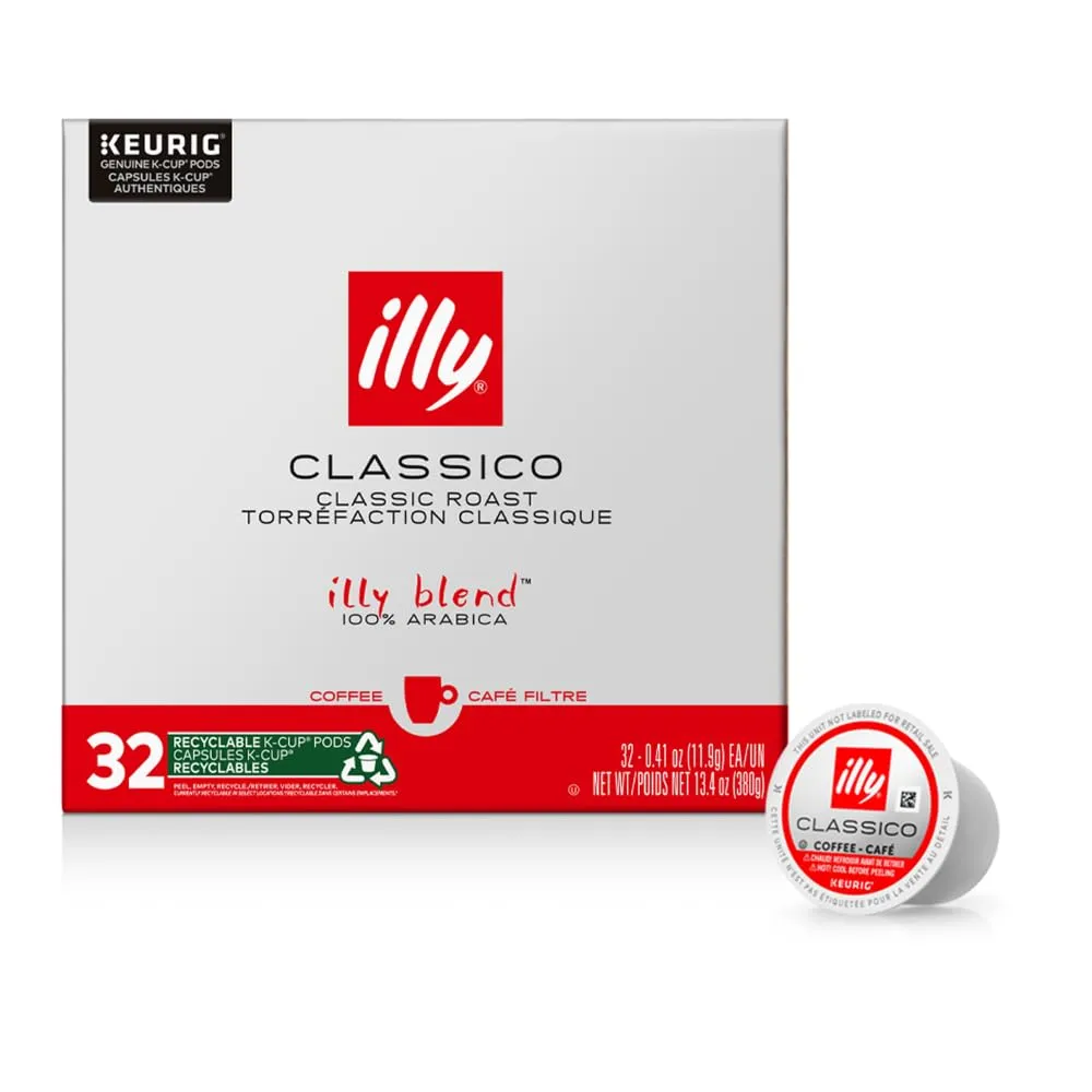 Illy Coffee K Cups - Coffee Pods For Keurig Coffee Maker – Classico Roast - Caramel, Orange Blossom & Jasmine - Mild, Flavorful & Balanced Flavor Pods of Coffee - No Preservatives – 32 Count