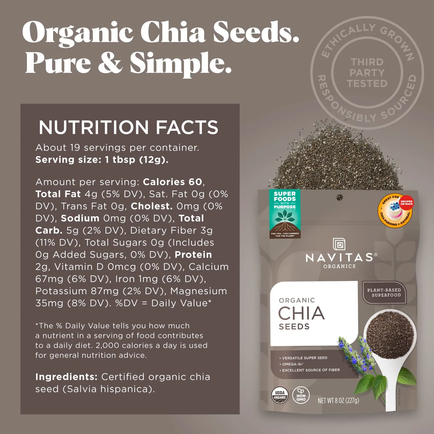 Navitas Organics Chia Seeds, 8 oz. Bag, 19 Servings - Organic, Non-GMO, Gluten-Free