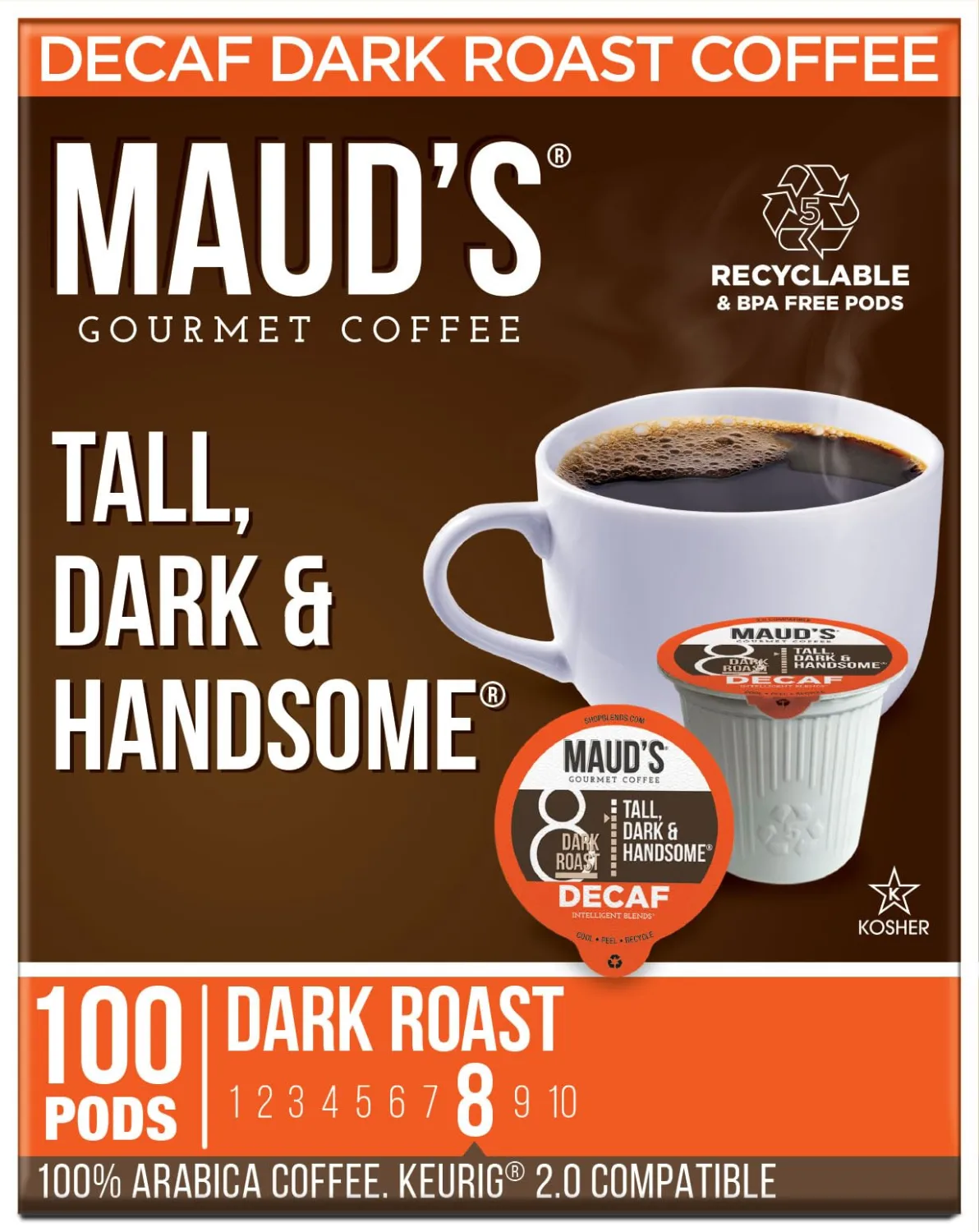 Maud's Decaf Dark Roast Coffee Pods, 100 ct, Decaffeinated Recyclable Single Serve Pods – 100% Arabica Coffee, Compatible with Keurig K Cups Maker
