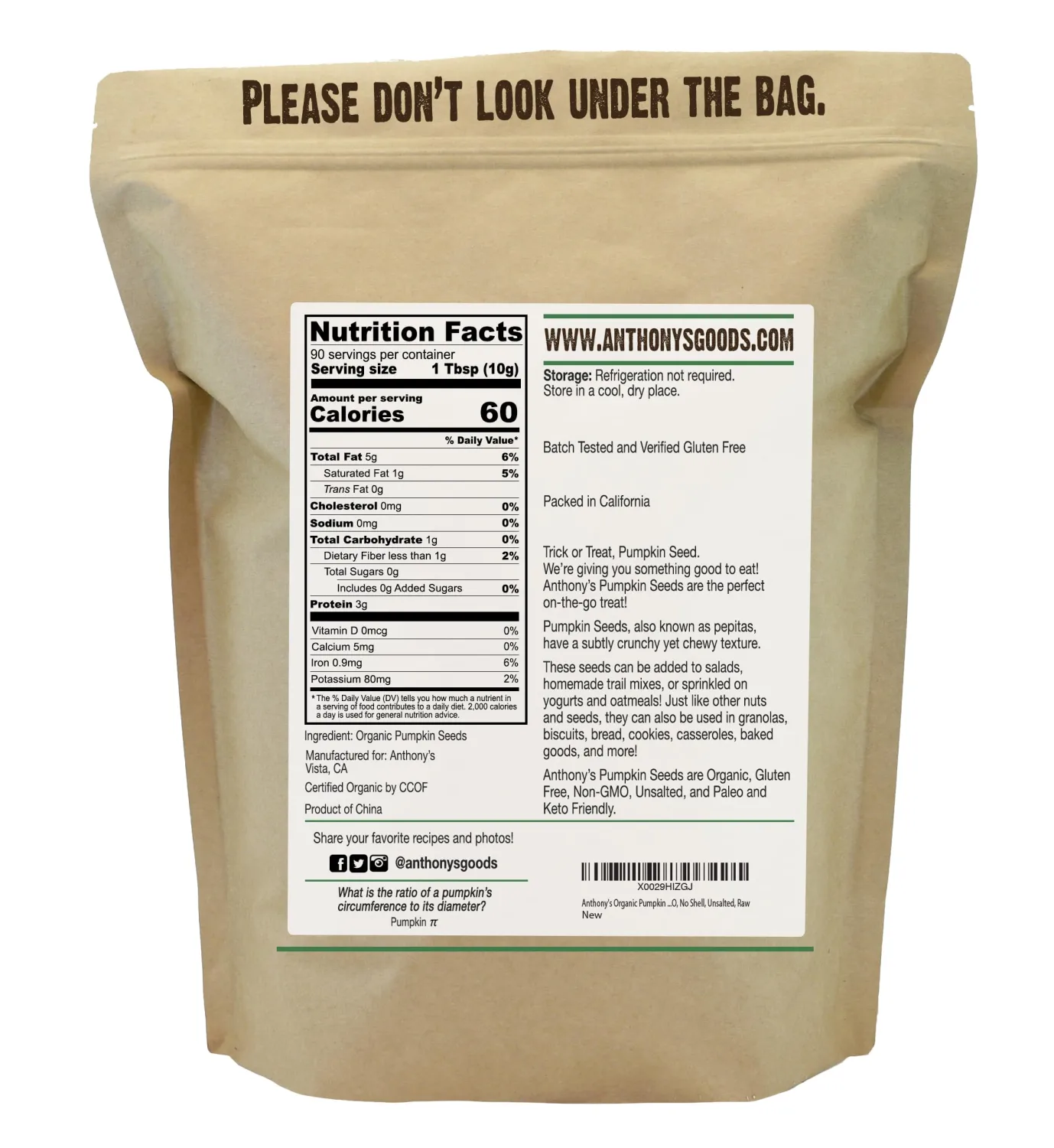 Anthony's Organic Pumpkin Seeds, 2 lb, Gluten Free, Non GMO, No Shell, Unsalted, Raw