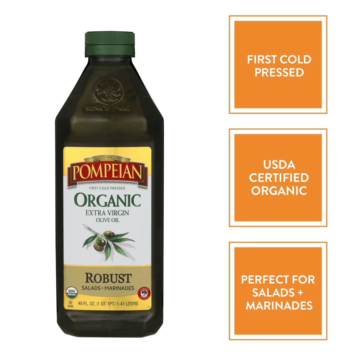 Pompeian USDA Organic Robust Extra Virgin Olive Oil, Contains Polyphenols, First Cold Pressed, Full-Bodied Flavor, Perfect for Salad Dressings & Marinades, 48 FL. OZ