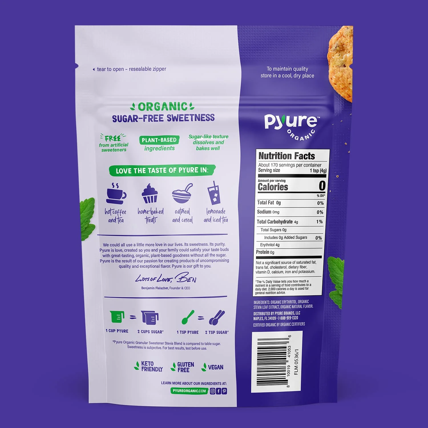 Pyure Organic Stevia Blend Granulated All-Purpose - White Sugar Substitute, Zero Carb, Zero Sugar, Zero Calorie, Plant-Based Stevia and Erythritol Sweetener for Keto Friendly Food, 1.5 lb (24 oz)