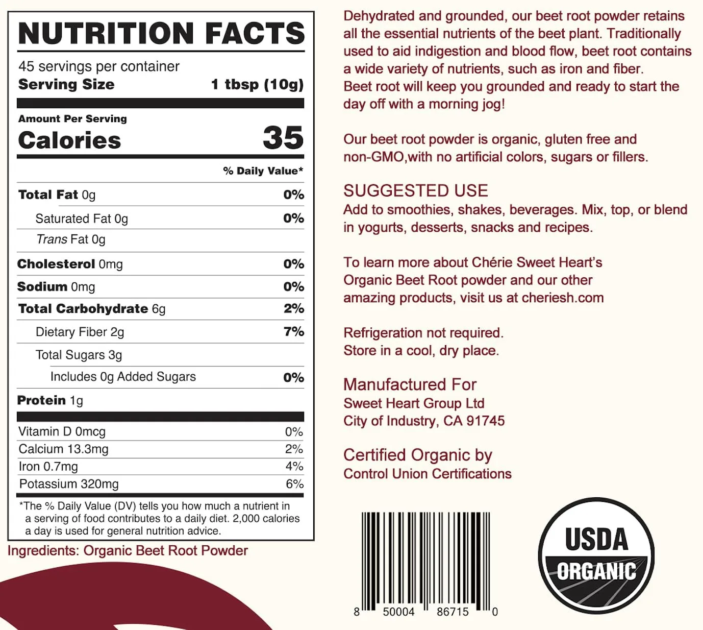 Chérie Sweet Heart Organic Beet Root Powder (1 LB), Raw & Non-GMO
