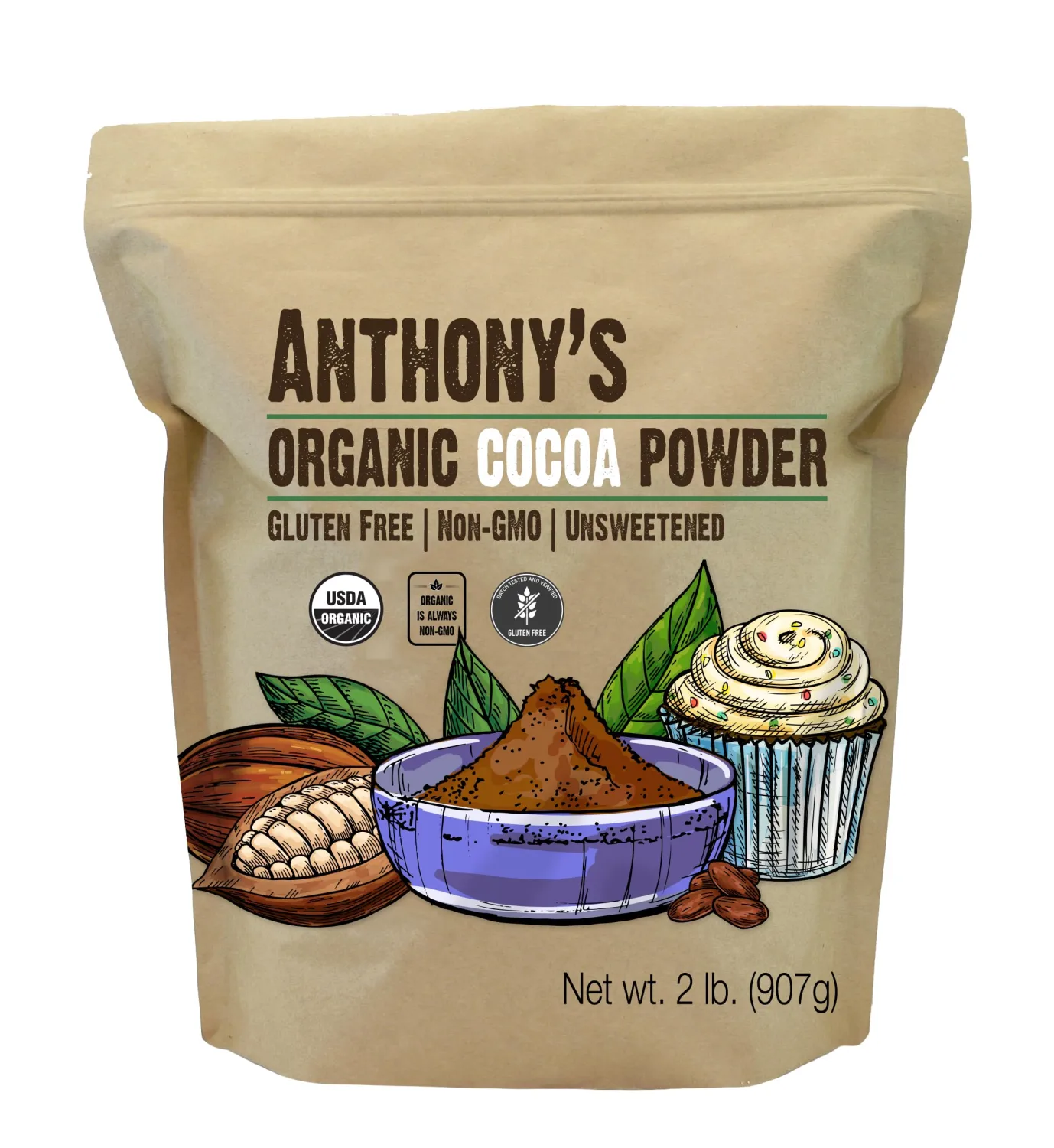 Anthony's Organic Cocoa Powder, 2 lb, Cacao Powder, Gluten Free, Non GMO, Non Alkalized, Unsweetened