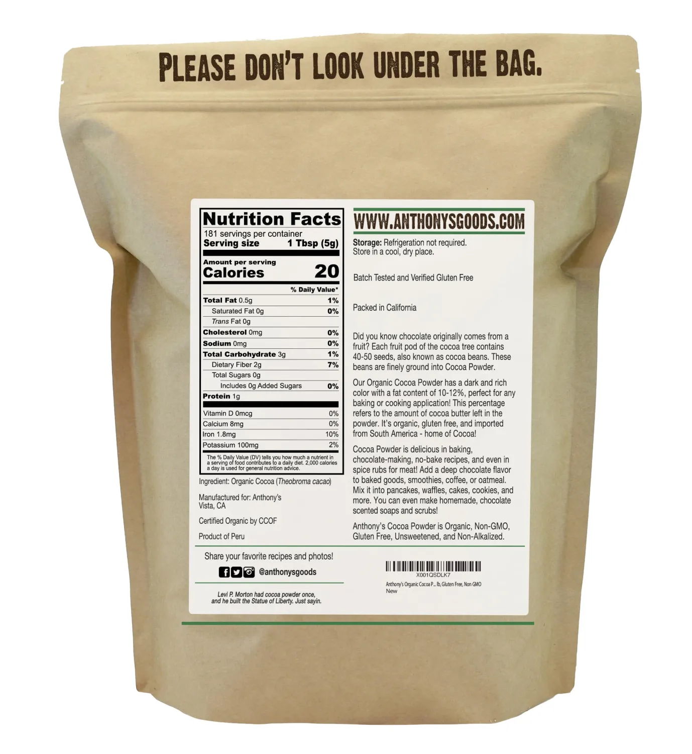 Anthony's Organic Cocoa Powder, 2 lb, Cacao Powder, Gluten Free, Non GMO, Non Alkalized, Unsweetened