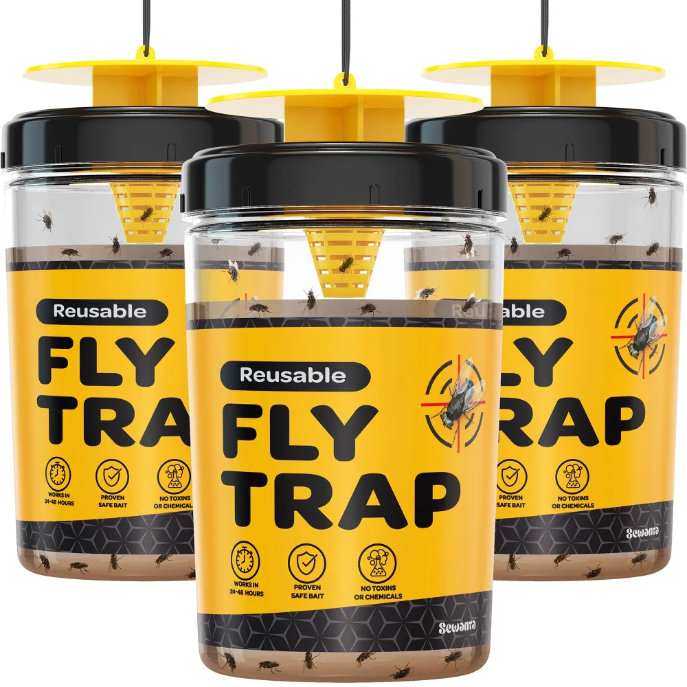 Outdoor Fly Trap [3 Pack] Fly Traps Outdoor with Dissolvable Non-Toxic Bait - Fly Repellent for Outdoor Use Only - Controls Flies for Patios, Barns, Ranches Etc. Hanging Fly Traps with Tie Included