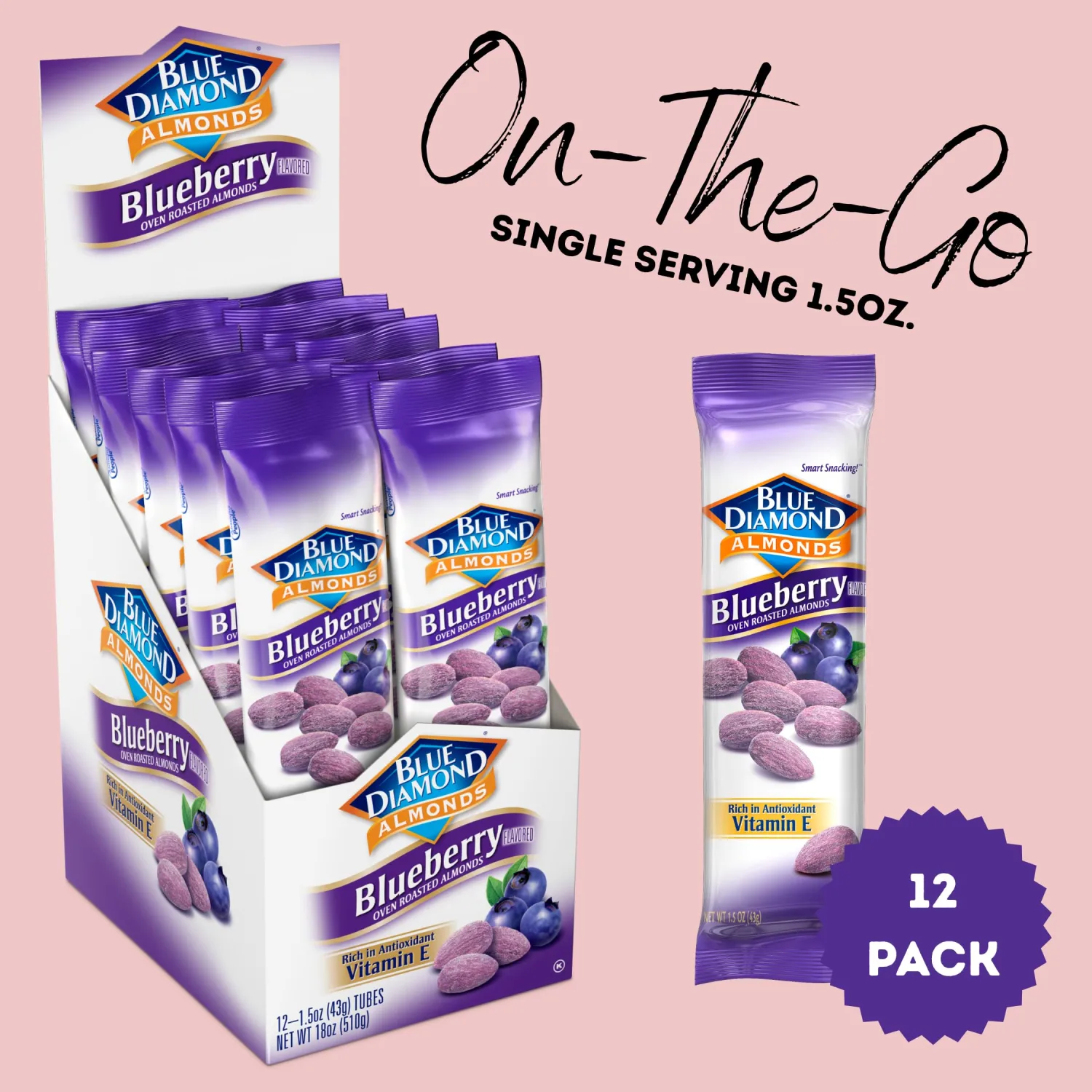 Blue Diamond Almonds, Blueberry Flavored Snack Nuts, Single Serve Bags (1.5 Oz. Tubes, Pack of 12)