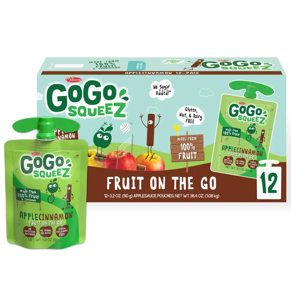 GoGo squeeZ Applesauce and Fruit Puree, Apple Cinnamon, 3.2 oz (Pack of 12), Unsweetened Fruit Snacks for Kids, Gluten Free, Nut Free and Dairy Free, Recloseable Cap, BPA Free Pouches