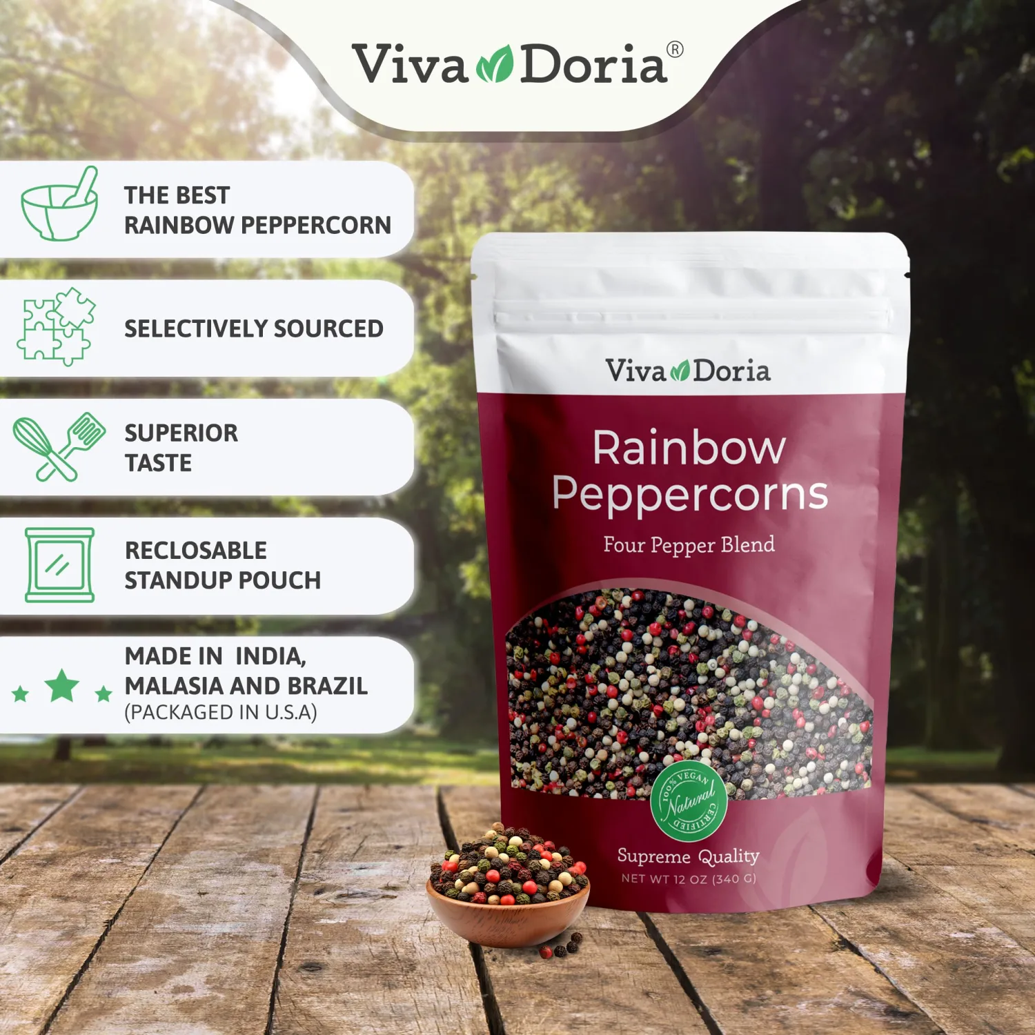 Viva Doria Rainbow Peppercorns Blend, Steam Sterilized Whole Black Pepper, Whole Green Pepper, Whole Pink Pepper, Whole White Pepper, 12 Oz, For Grinder Refills
