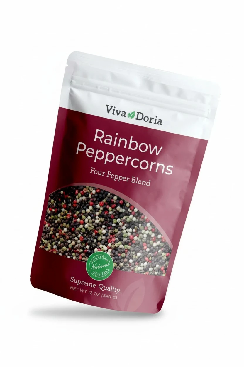 Viva Doria Rainbow Peppercorns Blend, Steam Sterilized Whole Black Pepper, Whole Green Pepper, Whole Pink Pepper, Whole White Pepper, 12 Oz, For Grinder Refills