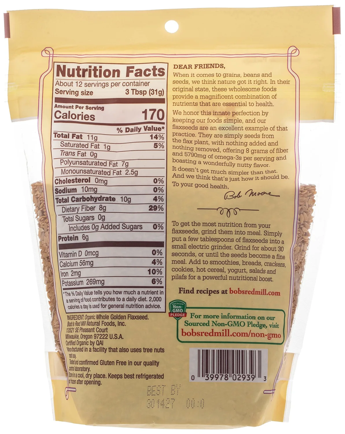 Bob's Red Mill Resealable Organic Whole Golden Flaxseed, 13 Ounce (Pack of 1)