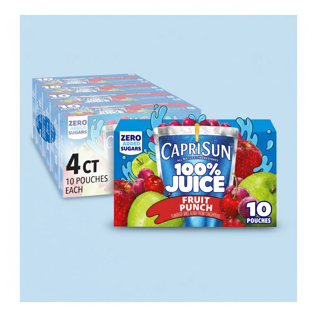 Capri Sun 100% Juice Fruit Punch Naturally Flavored Juice Blend, 40 ct Pack, 4 Boxes of 10 Pouches
