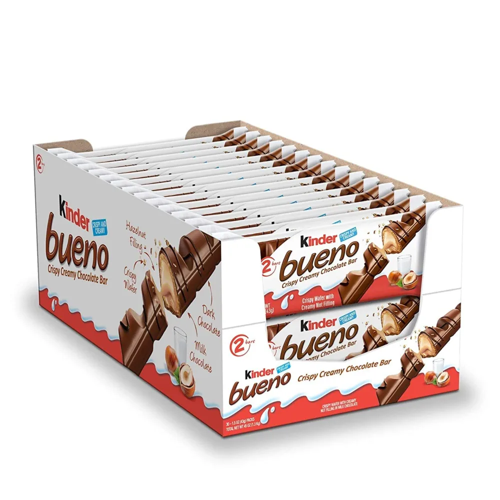 Kinder Bueno, Bulk 30 Pack, Milk Chocolate and Hazelnut Cream, Stocking Stuffers, 2 Individually Wrapped Chocolate Bars per Pack, 1.5 oz Each