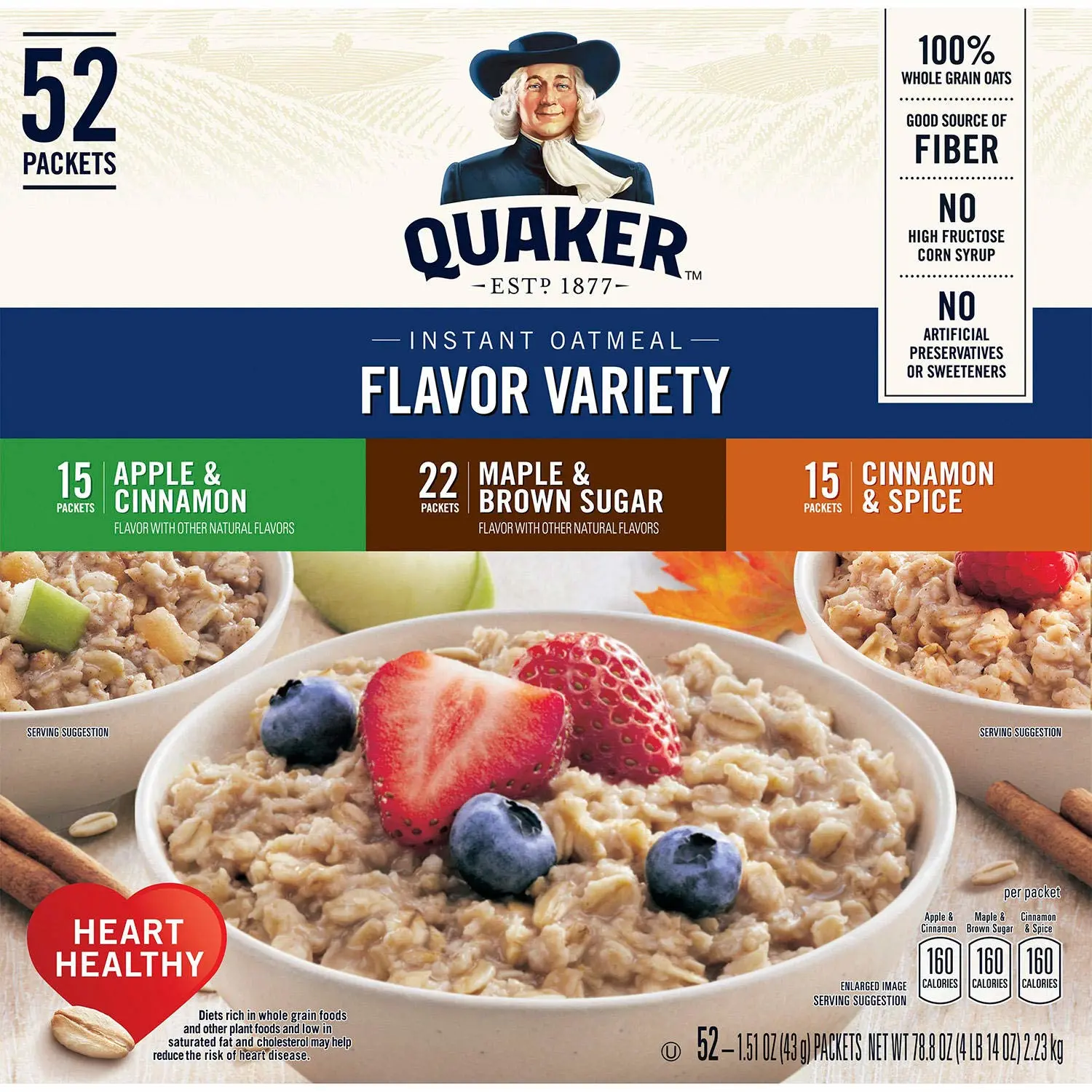 QUAKER VARIETY OATMEAL HOT CEREAL INSTANT, 52 Count (Pack of 1)