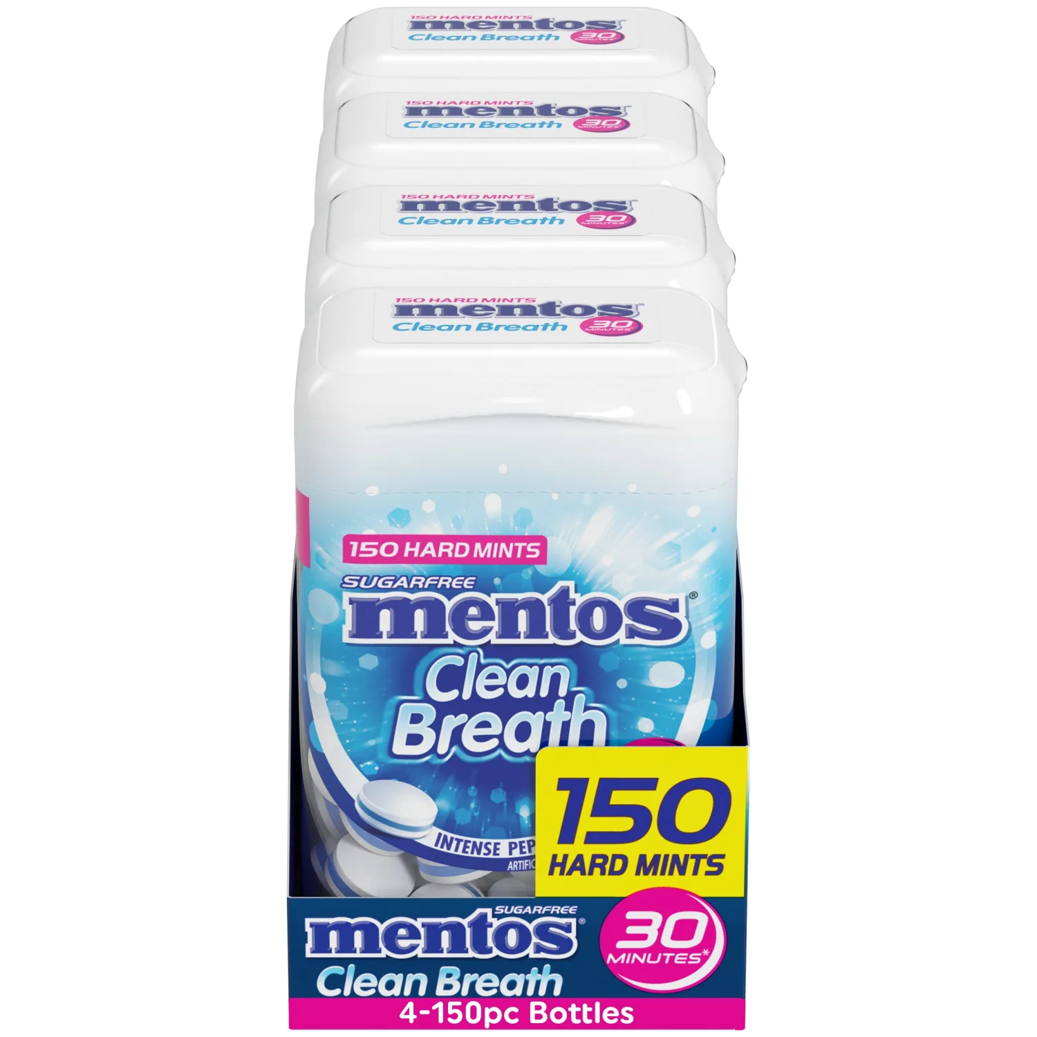 Mentos Clean Breath Sugarfree Hard Mint, 150pc, Intense Peppermint (Pack of 4 Bottles)