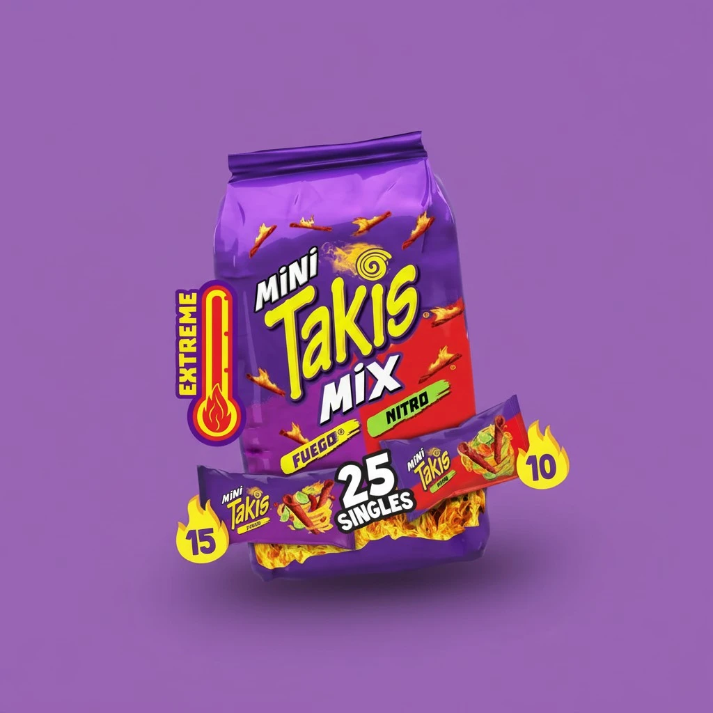 Takis Mini 25 pc / 1.23 oz Bite Size Variety Pack, Assorted Flavored Mixed Rolled Tortilla Chips – (15) Fuego Mini 1.23 oz, (10) Nitro Mini 1.23 oz