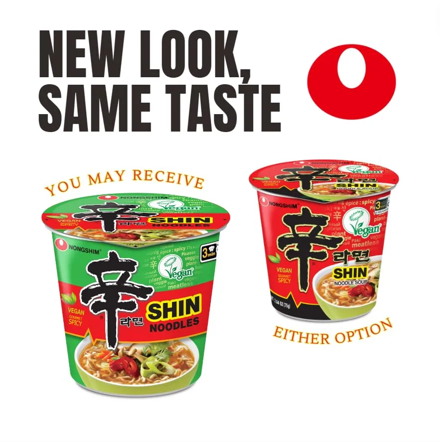 Nongshim Gourmet Spicy Vegan Shin Instant Noodle Soup Mix Cup, 6 Pack, Microwaveable Vegan Meatless Ramen