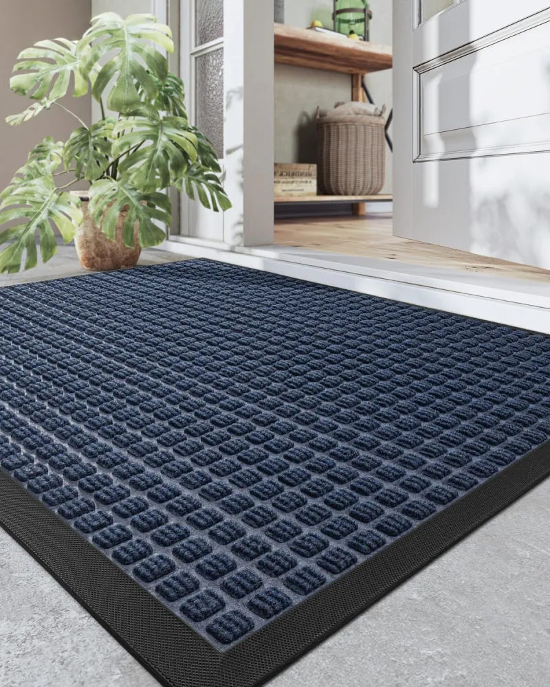 DEXI Door Mat Heavy Duty Outdoor Indoor Doormat, Stain and Fade Resistant, Non Slip Front Door Mats, Patio Entryway Floor Mat, 35"x23", Squares Blue