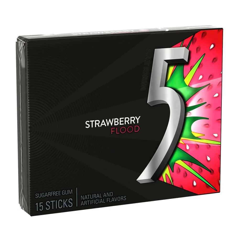 5 Gum Sour Strawberry Sugar Free Chewing Gum Bulk Pack, 15 Stick (Pack of 10)