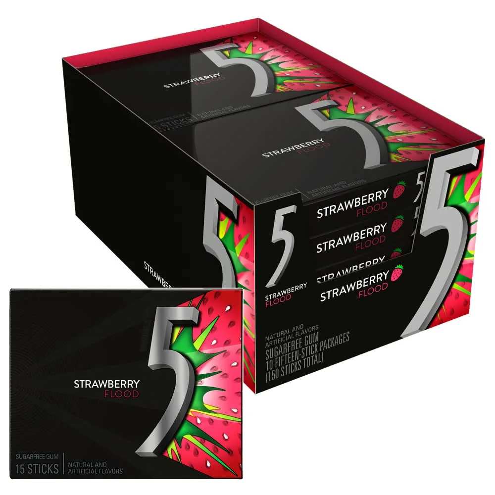 5 Gum Sour Strawberry Sugar Free Chewing Gum Bulk Pack, 15 Stick (Pack of 10)