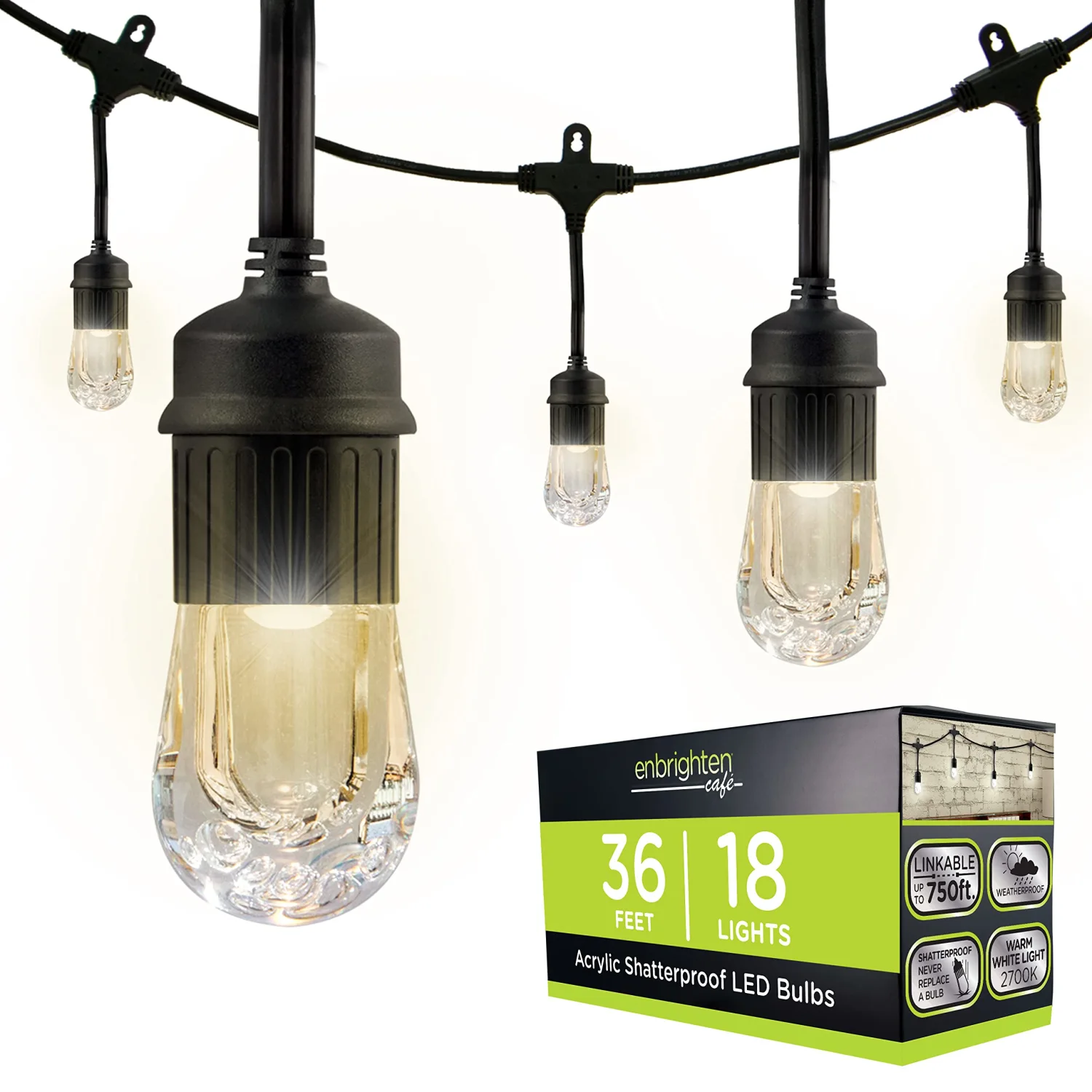 Enbrighten Classic Warm White String Lights, 36ft Black Cord, 18 Shatterproof Acryllic Bulbs, Weatherproof, Outdoor String Lights, 33171